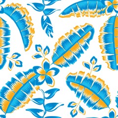 Fototapeta na wymiar blue banana leaves with orange color combination and frangipani flowers, heliconia tropical seamless pattern plants in a beautiful frame for shirt. exotic summer design. jungle