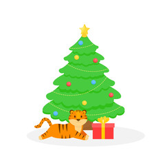 This is a Christmas tree with decorations, a gift box, and a tiger on a white background.