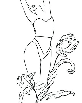 Black line silhouettes of female body in underwear with flowers tulips. - Vector illustration