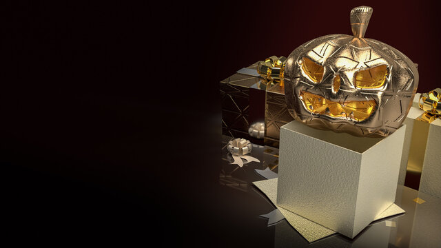 gold pumpkin lantern and gift box in dark tone for Halloween  concept 3d rendering
