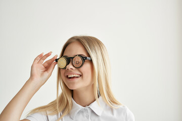 Businesswoman Bitcoin glasses light background