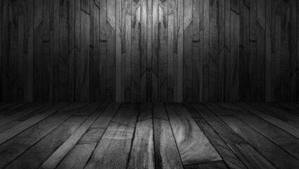 Product display, Wooden dark desk floor and wall backgrounds, gray room, interior texture.