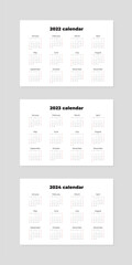 Set of calendars 2022, 2023, 2024. Blank printable vertical one-page calendar templates. Vector illustration 10 EPS.