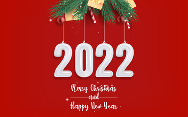 merry christmas and happy new year on red background.