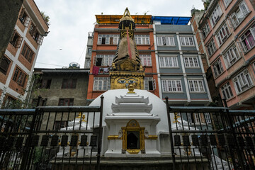 Kathmandu, Nepal - September 2021: Stupa located between Thamel and Durbar Square in the heart of Kathmandu on September 22, 2021 in Kathmandu, Nepal.