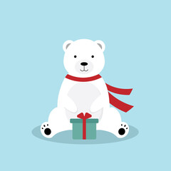 Cute cartoon polar bear with a gift