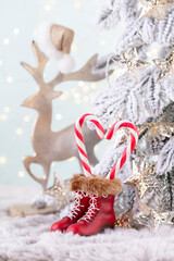 Christmas candy cane heart, bokeh background.