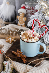 Gingerbread with mug of hot chocolate and candy cane.