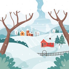 Fototapeta na wymiar Winter landscape with trees, fields, houses. Seasonal countryside landscape. Vector illustration in flat style