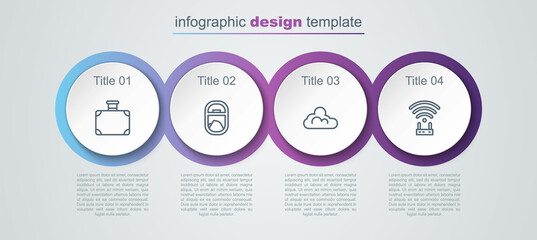 Set line Suitcase, Airplane window, Cloud weather and Router and wi-fi signal. Business infographic template. Vector