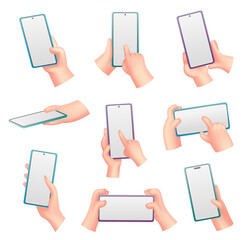 Obraz na płótnie Canvas Collection of cartoon hands with phone. Humans holding phones with empty screen. Mock up of social network communication on mobile app using different touch gesture. Digital device