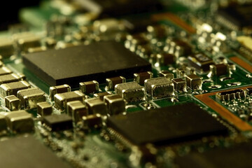 A fragment of the real motherboard of the tablet. Panoramic perspective view.