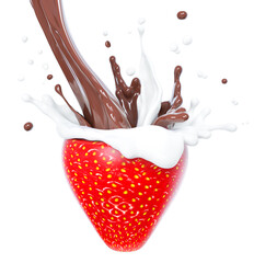 Fototapety  Strawberry in splashing chocolate and milk, abstract background dessert, illustration food, 3d rendering