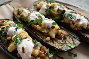 Stuffed eggplant with pine nuts and filling, vegetarian food