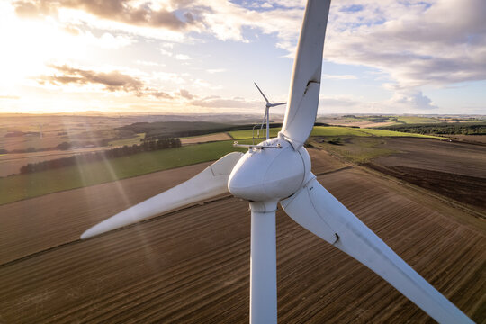 Turbine On A Wind Farm Seen Up Close Used For Green Renewable Energy