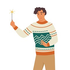Man in ugly sweater with sparklers. A young boy celebrate the new year, Christmas. Flat cartoon vector illustration