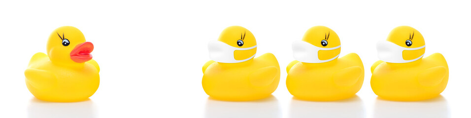 yellow duck without face mask among other three with face masks, concept of resilience in healthcare during COVID-19 or coronavirus situation, wearing mask properly covering over nose and mouth
