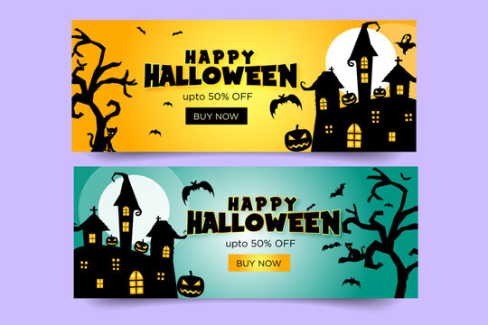 Happy halloween sale banner with pumpkins and cat and bats and tree and night moon.