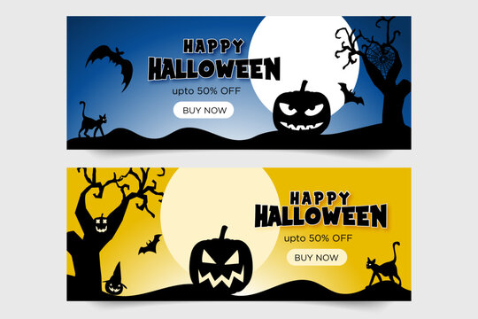 Happy halloween banner with cat and bats and tree and pumpkins  and might moon.