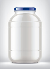 Glass Jar with Dairy Foods on Background. 