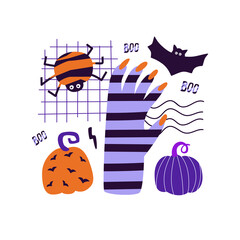 Vector illustration of a decorative composition for Halloween. Spider, zombie hand, pumpkin and boo lettering. Poster, postcard, congratulations. Orange and purple colors. Hand drawn style