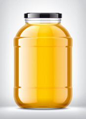 Glass Jar with Apple Juice on Background. 