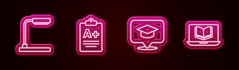 Set line Table lamp, Exam sheet with A plus grade, Graduation cap in speech bubble and Online class. Glowing neon icon. Vector