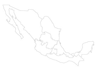 Political map of Mexico. Administrative divisions - regions. Simple flat blank black outline vector map.
