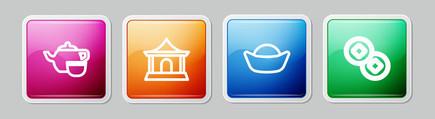 Set line Chinese tea ceremony, house, Sushi and Yuan currency. Colorful square button. Vector