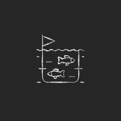 Fish farming chalk white icon on dark background. Pisciculture production industry. Fish breeding in tanks and ponds for trade. Seafood producing. Isolated vector chalkboard illustration on black