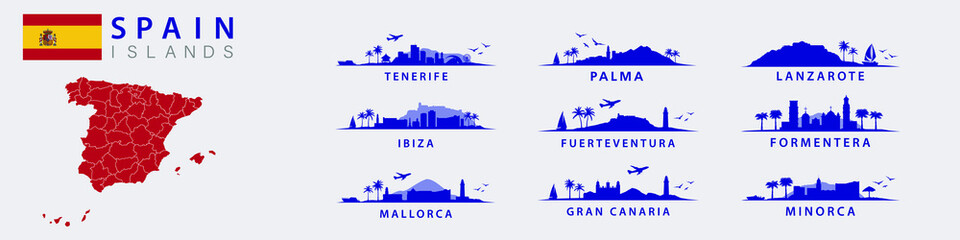 Collection of spanish landscapes of islands in Spain, like Ibiza, Tenerife, Las Palmas, Gran Canaria, Minorca, Formentera, Lanzarote, Fuerteventura