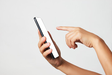Woman hand holding phone on white background with copy space