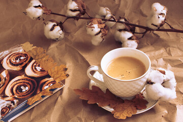 coffee roll in autumn style with leaves