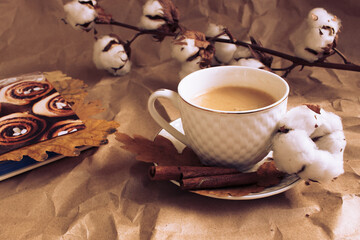 coffee roll in autumn style with leaves