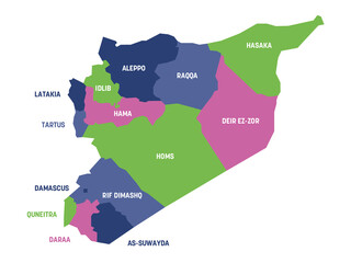 Colorful political map of Syria. Administrative divisions - governorates. Simple flat vector map with labels.
