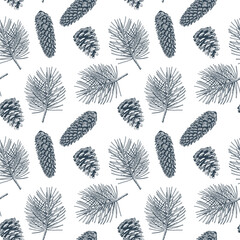 Pine cones, pine branches and fir cones seamless pattern. Christmas hand drawn background. Vector engraving illustration
