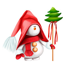 Watercolor merry christmas  snowmans illustration. Winter holidays cartoon isolated cute funny snowman design card. Snow holiday season xmas