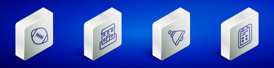 Set Isometric line American football ball, School building, Ringing bell and Exam sheet with check mark icon. Vector