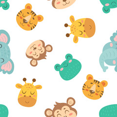 Seamless pattern with cute monkeys, elephants, giraffes, frogs isolated on white background