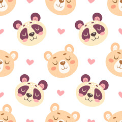 Seamless pattern with cute bears and pandas and hearts isolated on white background © diana