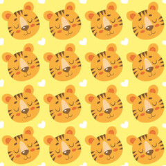 Seamless pattern with cute cartoon tigers and hearts isolated on yellow background