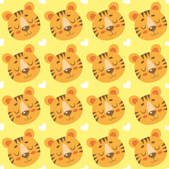 Seamless pattern with cute cartoon tigers and hearts isolated on yellow background