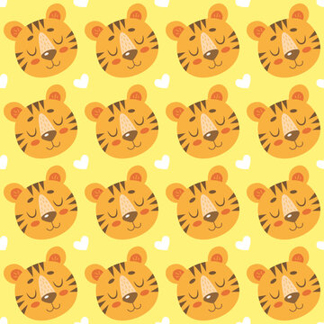 Seamless pattern with cute cartoon tigers and hearts isolated on yellow background