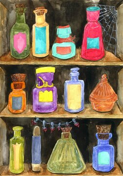 Autumn Halloween Greeting Card.watercolor Illustration Of Cabinet With Shelves And Various Bottles, Jars,flasks And Empty Labels For Your Text Here.Hand-drawn Witch Stuff.collection Of Magic Drinks