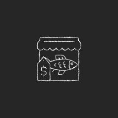 Fish market chalk white icon on dark background. Fresh, frozen seafood trade and supply. Fish marketplace. Fishmongers stall. Commercial fishery. Isolated vector chalkboard illustration on black