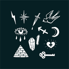Mystical set symbols, style old school tattoo, witchcraft icons, spiritual signs. Magic esoterica talisman elements. Vector illustration - 460079730