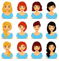Young girls with different hairstyles and different hair colors on a white background. Flat style. Cartoon