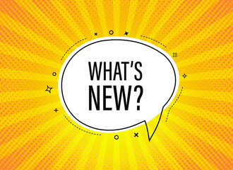 Whats new symbol. Yellow banner with chat bubble. Special offer sign. New arrivals symbol. Coupon design. Flyer background. Hot offer banner template. Bubble with whats new text. Vector