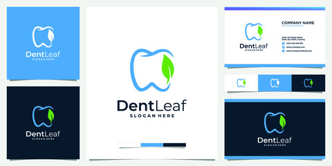 Flat dental and leaf clinic logo with business card template
