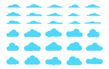 Clouds icon set. Different cloud shapes isolated on the blue sky background. Vector flat style cartoon cloud.